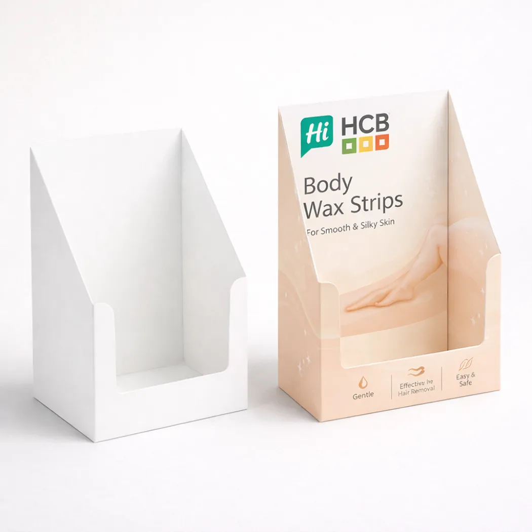 Two cardboard countertop display units- one plain white and one printed with peach branding and logo- class=